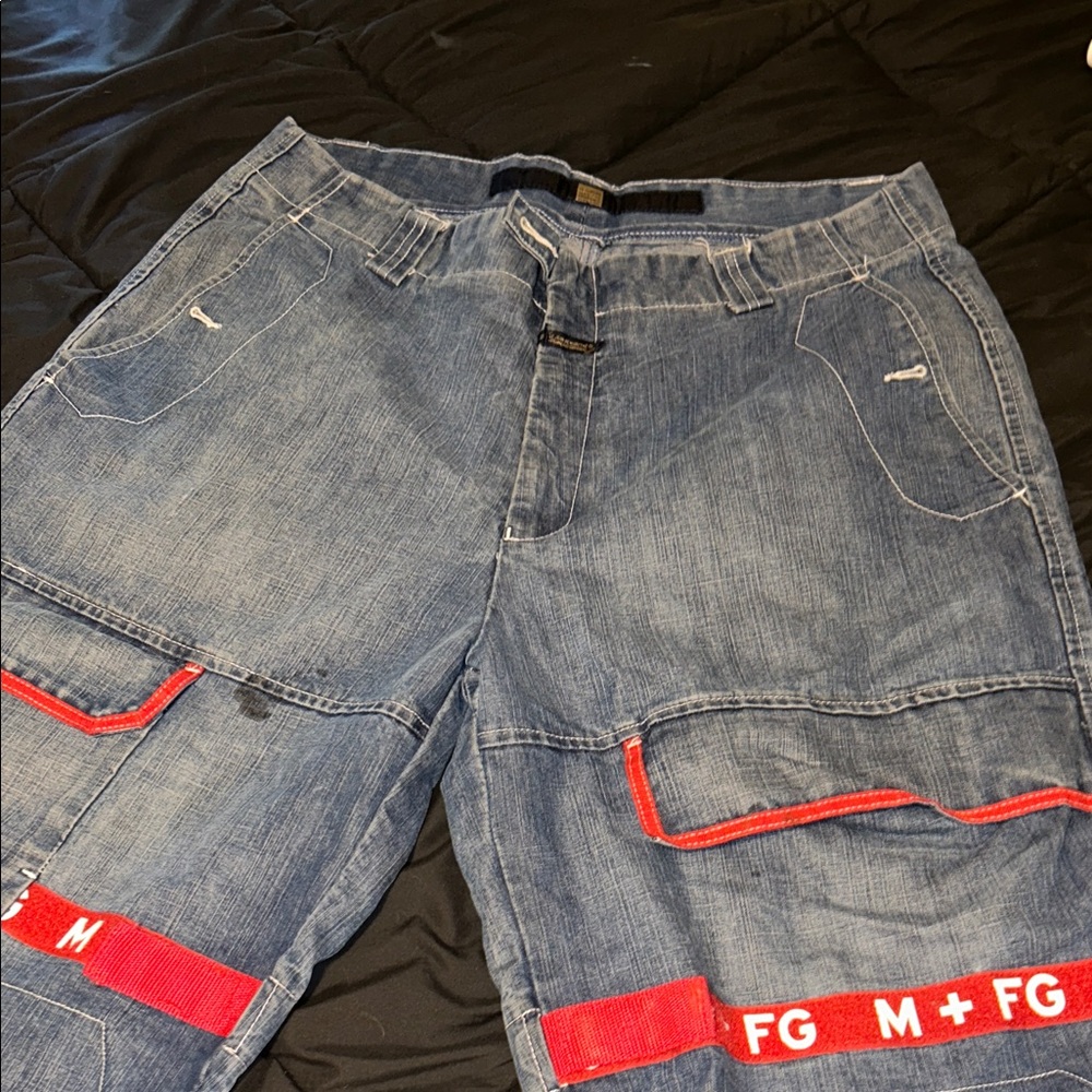 Marithe Francois Girbaud Blue Cargo Pants with Red Accents